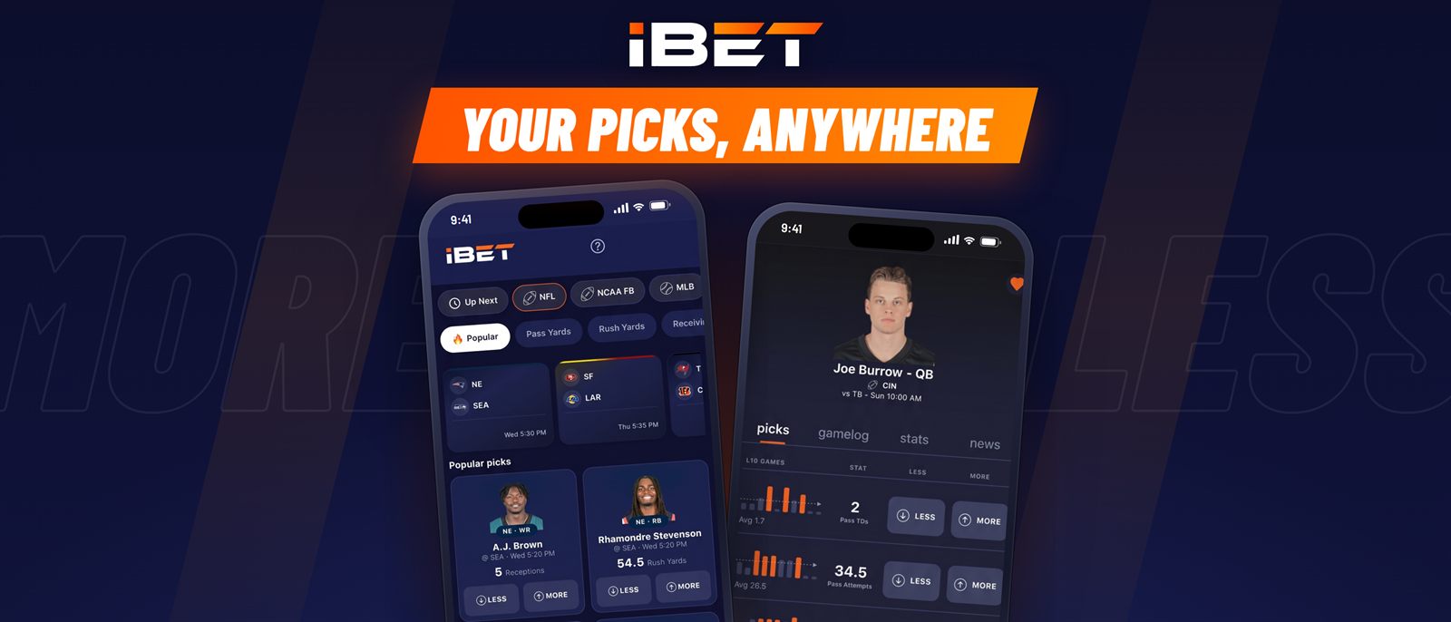 The iBET app on two phones: the pick'em board and a player's last ten games